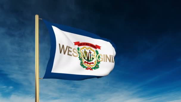 West virginia flag slider style with title. Waving in the wind with cloud background animation — Stock video