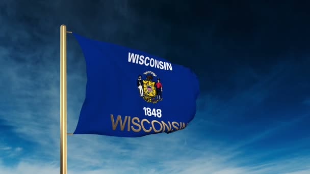Wisconsin flag slider style with title. Waving in the wind with cloud background animation — Stockvideo
