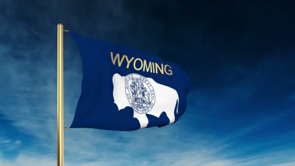 Wyoming flag slider style with title. Waving in the wind with cloud background animation — Stock video