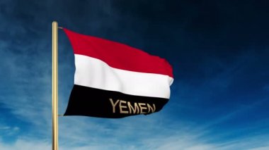 Yemen flag slider style with title. Waving in the wind with cloud background animation