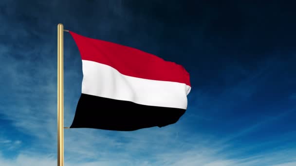 Bandera de Yemen estilo deslizante. Saludando en la victoria con la animación de fondo en la nube — Vídeo de stock