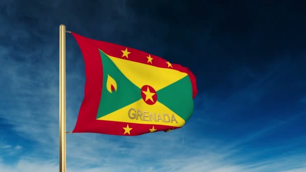 Grenada flagga Slider stil med titeln. Vinka i vinden med moln bakgrund animation — Stockvideo