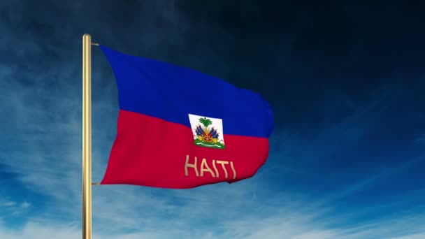 Estilo deslizante bandeira do Haiti com título. Acenando ao vento com animação de fundo em nuvem — Vídeo de Stock