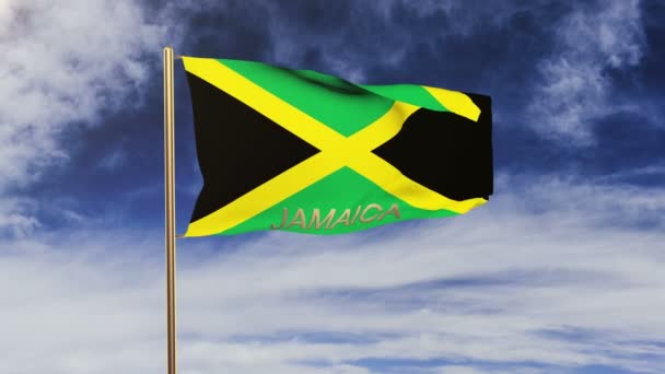 Bandeira da Jamaica com título acenando ao vento. Looping sol nasce estilo. loop de animação — Vídeo de Stock
