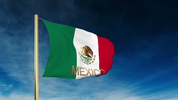 Mexico flag slider style with title. Waving in the wind with cloud background animation — Stock Video