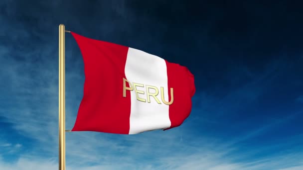 Перу флаг ползунок стиль с названием. Ожидание на ветру с анимацией облачного фона — стоковое видео