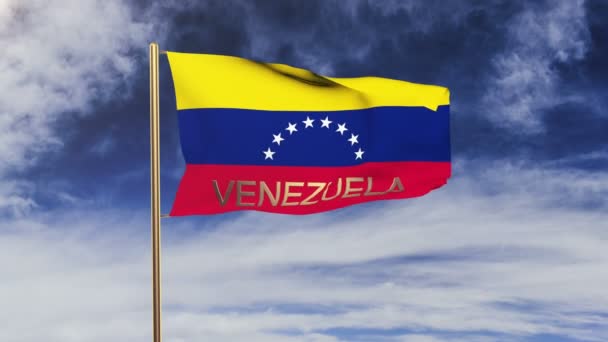 Флаг Венесуэлы с развевающимся на ветру титулом. Колеблющееся солнце встает стильно. Цикл анимации — стоковое видео