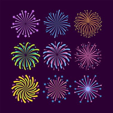 Renkli havai fişek koleksiyonu vektör illüstrasyon kutlama arka plan tasarımı. Parlak patlama, tatil partisi poster şablonu için süsleme parıldıyor.