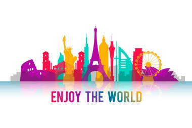 Renkli simgeler gökyüzü temalı vektör illüstrasyonu modern şehir manzarası ünlü binalar seyahat mimarisi arka plan yaratıcı kentsel poster konsepti