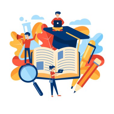 Öğrenciler, kitaplar, mezuniyet şapkası ve eğitim için kampüs illüstrasyonuna, çevrimiçi öğrenime, akademik kurumlara ve okula dönüş temalı projelere sahip düz üniversite konsepti