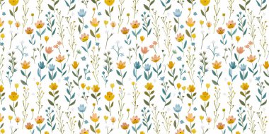 Zarif, pürüzsüz çiçek desenli, küçük pembe ve sarı çiçekli, moda baskıları için mükemmel, tekstil tasarımı, ambalaj kağıdı ve romantik dekoratif yüzeyler..