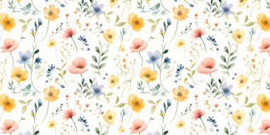 Suluboya çiçekleri ve bitkilerin el boyama stilinde kusursuz desenleri var. Tekstil baskıları, duvar kağıtları ve ev dekoru yüzeyleri için mükemmel.