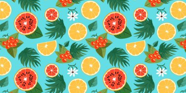 Tropikal yaz meyvesiz desen kumaş, duvar kağıdı tasarımları ve parlak canlı dekoratif arka planlar için idealdir.