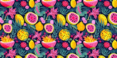 Arkaplan tekstil kıyafet duvar kâğıdı ve dekoratif modern tasarımlar için mükemmel tropikal yaprakları olan renkli yaz meyveleri deseni.