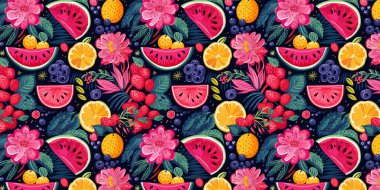 Karpuz limonu ve tropik yaz tarzında renkli meyveler içeren canlı meyve deseni kumaş duvar kâğıdı ve giysi tasarımları için idealdir.