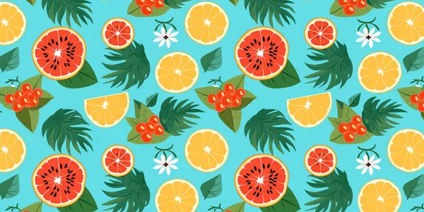 Tropikal yaz meyvesiz desen kumaş, duvar kağıdı tasarımları ve parlak canlı dekoratif arka planlar için idealdir.