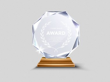 Soyut eşkenar dörtgen şekilli gerçekçi cam ödül ödülü kazanan tanınma töreni ve başarı kutlama tasarımları için saydam arkaplan üzerinde izole