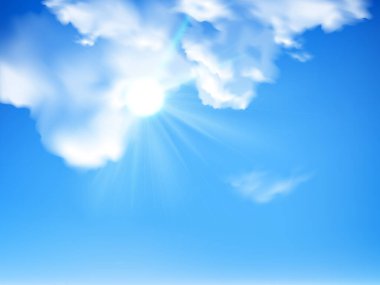 Parlak güneş ışığı ve ışık bulutlarıyla mavi gökyüzü yaz havası ve enerji temalı tasarımlar için sıcak gün ışığı yaratıyor.