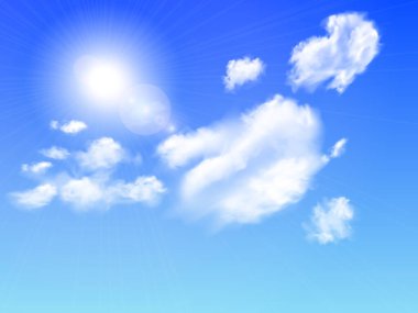 Yazın hava durumu kavramları için beyaz bulutlar, doğal arka planlar, ilham verici sahneler ve çevre tasarım projeleri için mavi gökyüzünde gerçekçi parlak bir güneş patlaması.