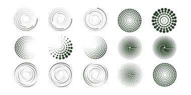 Geniş bir siyah spiral yarım ton nokta elementleri koleksiyonu dairesel girdap dekorasyonları ve soyut arkaplan posterleri ve yaratıcı grafik tasarım kullanımı için desenli spiral şekiller içerir.