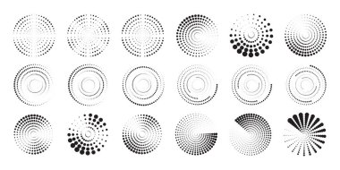 Yarım ton daire elementlerinin toplanması yuvarlak noktalı çerçeveler dairesel desen kenarları ve markalaştırma posterleri düzeni ve modern görsel tasarım sistemleri için soyut grafik bileşenleri içerir