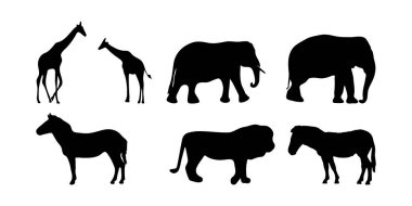 Aslan zürafa fili ve atı içeren hayvan silueti koleksiyonu, logo tasarımı için beyaz arka planda izole edilmiş vahşi yaşam vektörü.