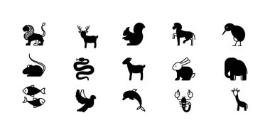 Hayvanat bahçesi hayvan ikonları koleksiyonunda aslan, geyik, kaplan, fil, kaplumbağa ve sincap, vahşi yaşam siluetleri ve eğitici materyaller, çocuk tasarımları ve doğa temalı markalar için ideal karakter unsurları yer alıyor.