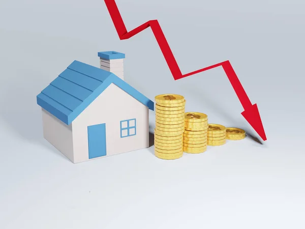부동산 가격의 모기지 이자율 가격이 내려갑니다 그래프가 감소하고 화살표가 감소하는 — 스톡 사진