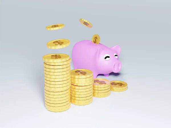 Boyutlu Mutlu Domuz Kumbarası Düşen Altın Paralar Tasarruf Kavramı — Stok fotoğraf