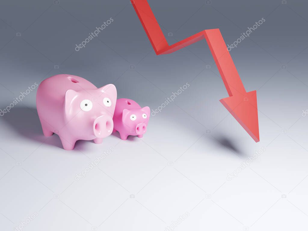 Shocked Pink Piggy Bank Family With Empty Space.  Lose Money. Money Savings Going Down. 3D rendering
