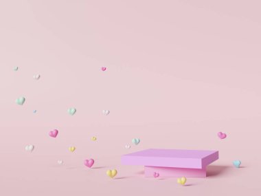 3D renkli pastel kalplerle sahneyi taklit ediyor. Sevgililer Günü için ekran ürünü, hediye ve reklam için geometri podyumu şekli.