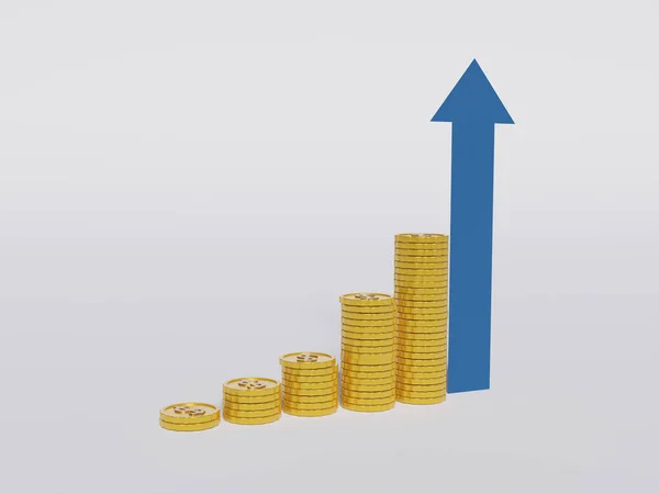3D蓝色箭头和成堆的金币财政成功概念 — 图库照片