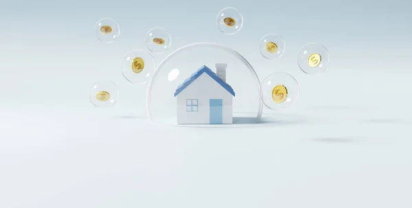 Concept for property ladder, mortgage and real estate investment. 3D of house inside glass transparent dome with flying golden coins