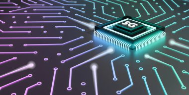 5G ağ teknolojisinin 3D 'si. 5G dahili bilgisayar mikroçip işlemcisi.