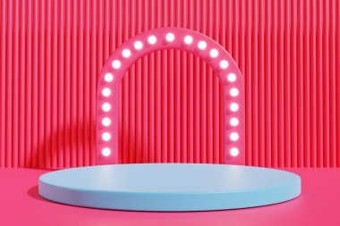 3D görüntüleme. Ürün minimum sunumu için boş kırmızı podyum. Kozmetik standı, Çin Yeni Yılı, Mutlu Yıllar. Sevgililer Günü, afiş, indirim. Ürün sunumu boş ekran.