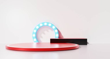 3D görüntüleme. Ürün minimum sunumu için boş kırmızı podyum. Kozmetik standı, Çin Yeni Yılı, Mutlu Yıllar. Sevgililer Günü, afiş, indirim. Ürün sunumu boş ekran.