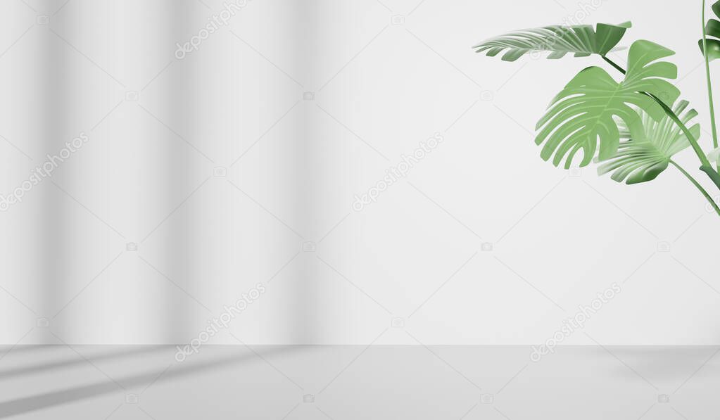 3D rendering of empty space with Monstera leaves, Abstract minimal display empty space. Geometry podium for beauty cosmetic products.