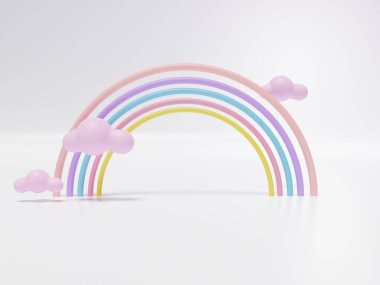 Üç boyutlu renkli pastel bulutlar ve gökkuşağı çizimi çocuklar ve bebek ürünleri için boş alan.