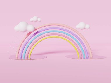 Üç boyutlu renkli pastel bulutlar ve gökkuşağı çizimi çocuklar ve bebek ürünleri için boş alan.