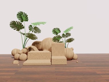 3 boyutlu kaide podyumu, Monstera yapraklı, en az boş alan görüntüsü. Güzellik ürünleri veya vitrinler için Geometri podyumu.