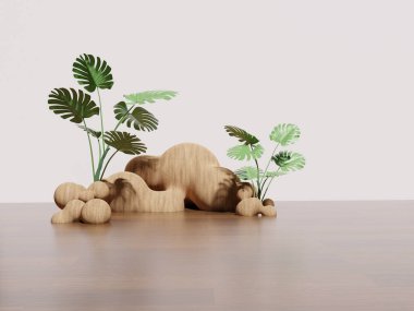 3 boyutlu kaide podyumu, Monstera yapraklı, en az boş alan görüntüsü. Güzellik ürünleri veya vitrinler için Geometri podyumu.
