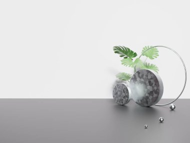 3 boyutlu kaide podyumu, Monstera yapraklı, en az boş alan görüntüsü. Güzellik ürünleri veya vitrinler için Geometri podyumu.