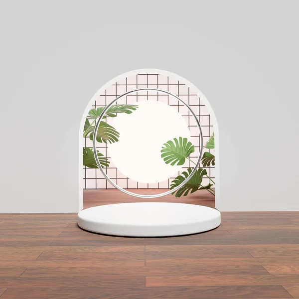 3D rendering of pedestal podium, Abstract minimal display empty space with Monstera leaves. Geometry podium for beauty cosmetic products or showcases.