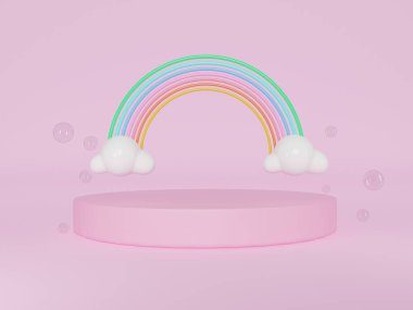 Bebek odasının iç kısmında renkli pastel bulutlar ve gökkuşağı görünsün. 3 boyutlu görüntüleme. Reklam için bir sahne, podyum için minimalist model veya vitrin.