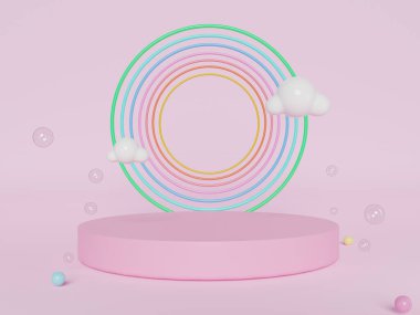 Bebek odasının iç kısmında renkli pastel bulutlar ve gökkuşağı görünsün. 3 boyutlu görüntüleme. Reklam için bir sahne, podyum için minimalist model veya vitrin.