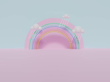 Bebek odasının iç kısmında renkli pastel bulutlar ve gökkuşağı görünsün. 3 boyutlu görüntüleme. Reklam için bir sahne, podyum için minimalist model veya vitrin.