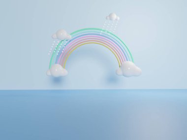 Bebek odasının iç kısmında renkli pastel bulutlar ve gökkuşağı görünsün. 3 boyutlu görüntüleme. Reklam için bir sahne, podyum için minimalist model veya vitrin.