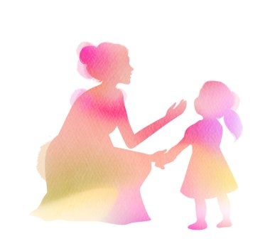 Çift pozlama illüstrasyon. Anne kızına siluet ve soyut suluboya resim öğretiyor. Dijital resim.