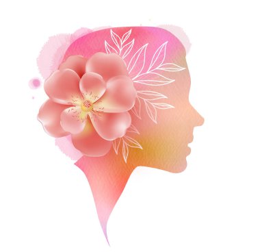 Çift pozlama illüstrasyon. Kadın silueti artı soyut suluboya resim. Dijital resim.