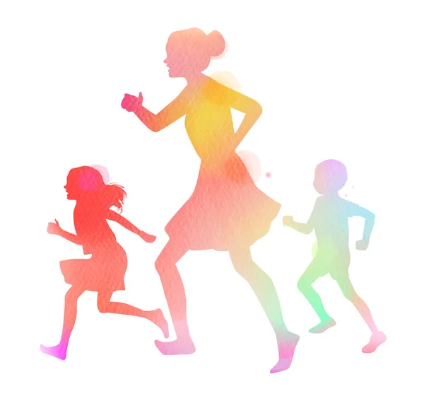 Happy Family Running Silhouettes Watercolor Healthy Life — Stock Photo, Image